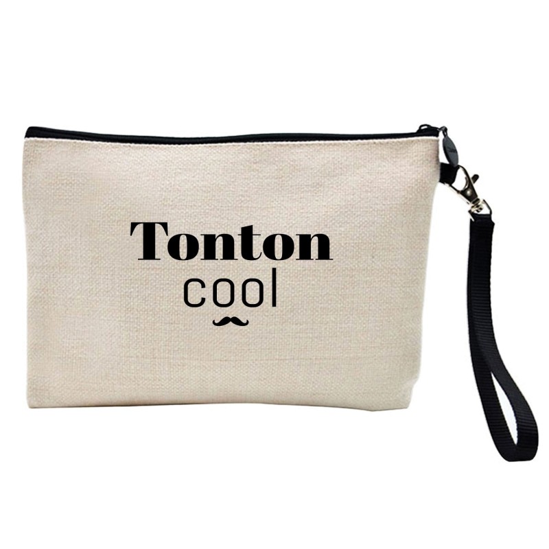 Pochette Trousse à crayons et maquillage lin imprimé citation Tonton cool