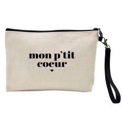 Pochette Trousse à crayons et maquillage lin imprimé citation Mon p'tit coeur