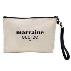 Pochette Trousse à crayons et maquillage lin imprimé citation Marraine adorée