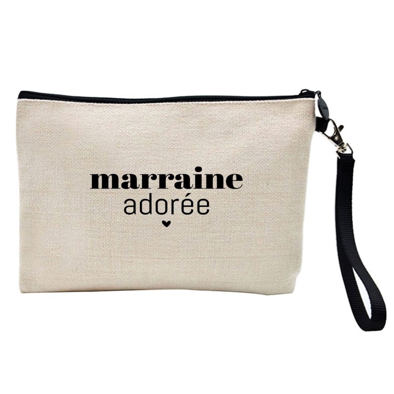 Pochette Trousse à crayons et maquillage lin imprimé citation Marraine adorée