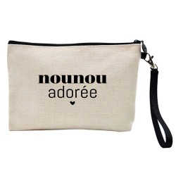 Pochette Trousse à crayons et maquillage lin imprimé citation Nounou adorée