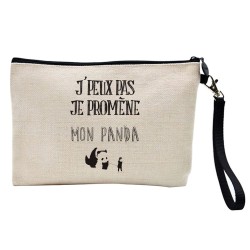 Pochette Trousse à crayons et maquillage lin imprimé citation J'peux pas je promene mon panda