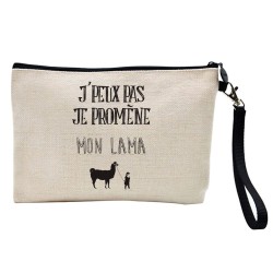 Pochette Trousse à crayons et maquillage lin imprimé citation J'peux pas je promene mon Lama