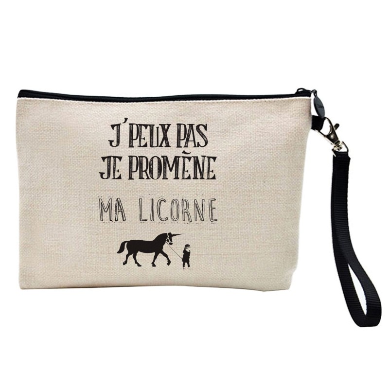 Pochette Trousse à crayons et maquillage lin imprimé citation J'peux pas je promene mon Licorne