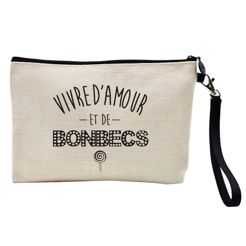 Pochette Trousse à crayons et maquillage lin imprimé citation Vivre d'amour et de bonbecs
