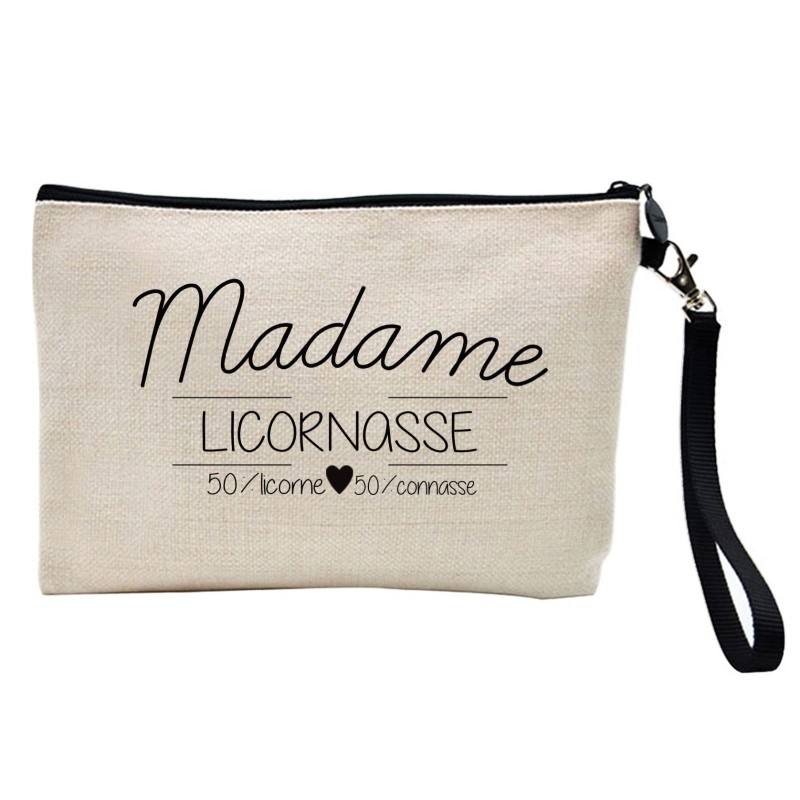 Pochette Trousse à crayons et maquillage lin imprimé citation Madame licornasse 50%Licone 50%connasse
