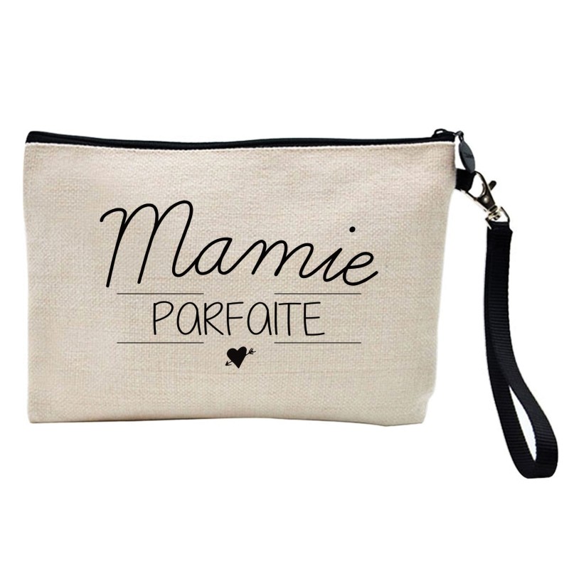 Pochette Trousse à crayons et maquillage lin imprimé citation Mamie parfaite