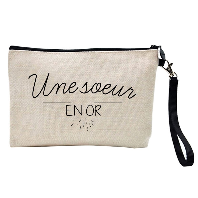 Pochette Trousse à crayons et maquillage lin imprimé citation Une soeur en or