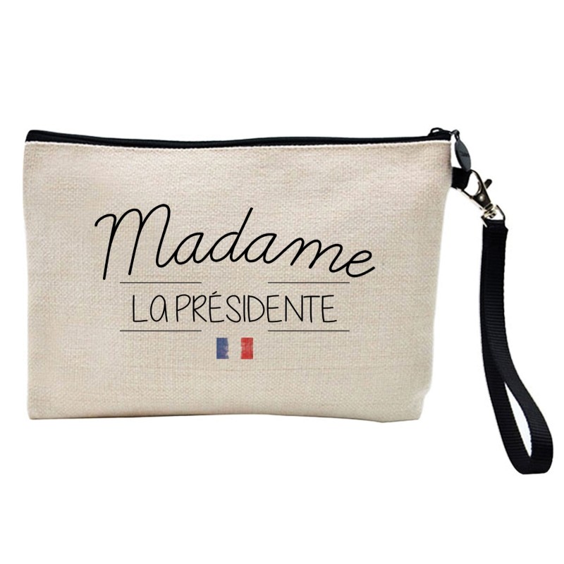 Pochette Trousse à crayons et maquillage lin imprimé citation Madame la présidente