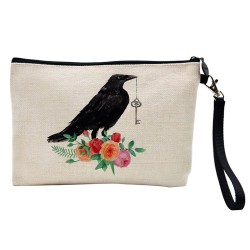 Pochette Trousse à crayons et maquillage lin imprimé citation illustration corbeau