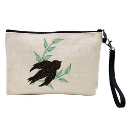 Pochette Trousse à crayons et maquillage lin imprimé citation illustration Oiseau