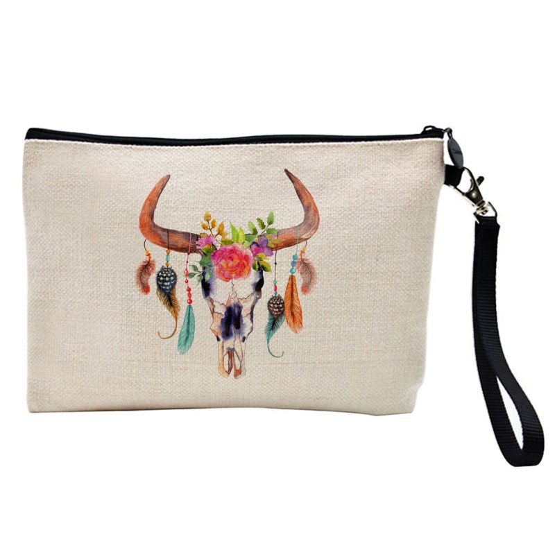 Pochette Trousse à crayons et maquillage lin imprimé citation illustration crane buffle bohème