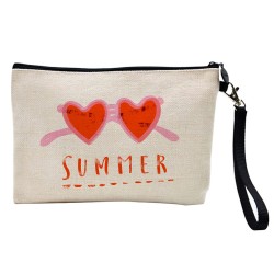 Pochette Trousse à crayons et maquillage lin imprimé citation illustration Lunette soleil coeur