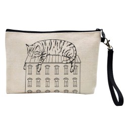 Pochette Trousse à crayons et maquillage lin imprimé citation illustration Chat