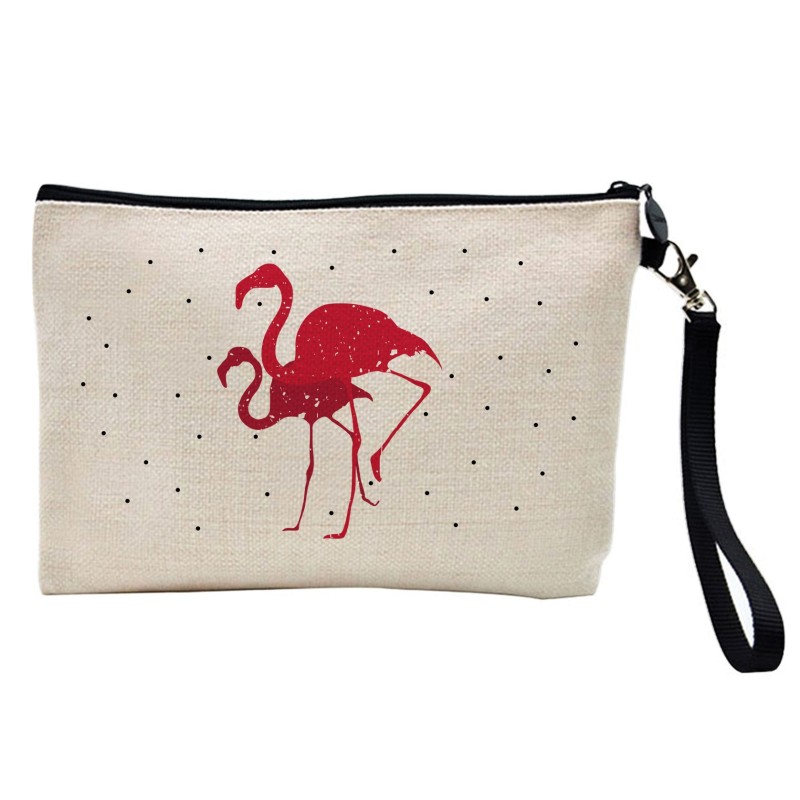Pochette Trousse à crayons et maquillage lin imprimé citation illustration Flamant rose