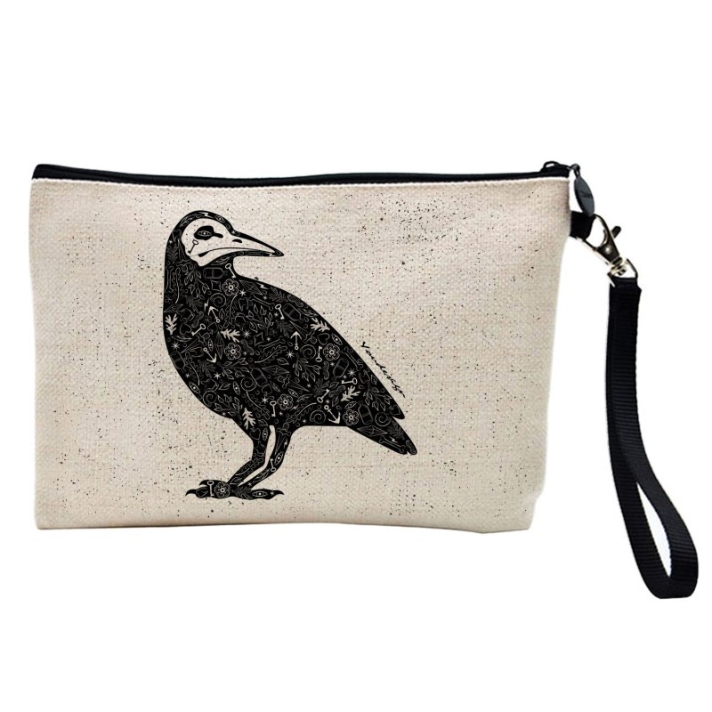 Pochette Trousse à crayons et maquillage lin imprimé citation illustration Corbeau grunge