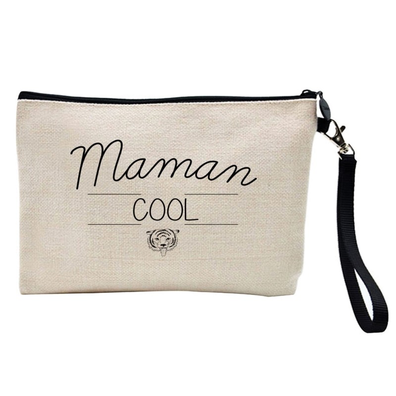 Pochette Trousse à crayons et maquillage lin imprimé citation illustration Maman cool