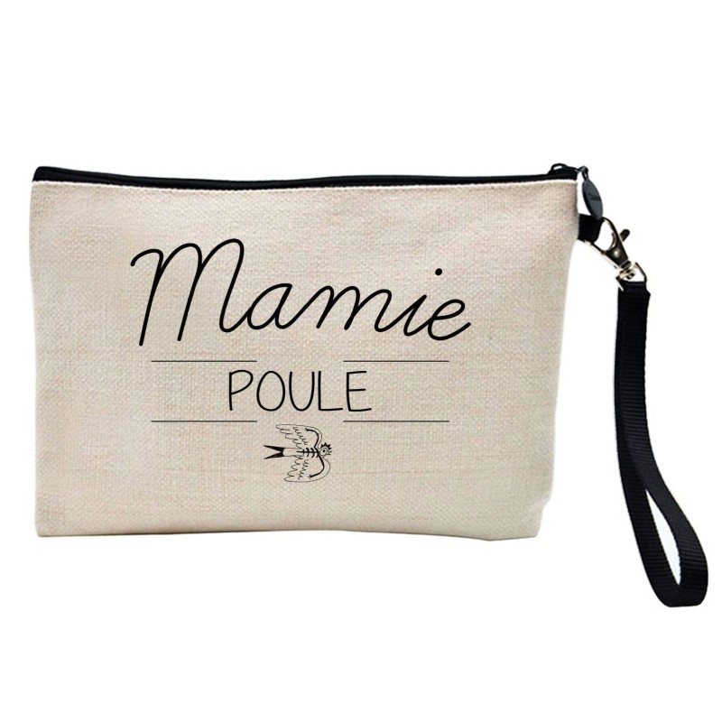 Pochette Trousse à crayons et maquillage lin imprimé citation illustration Mamie poule