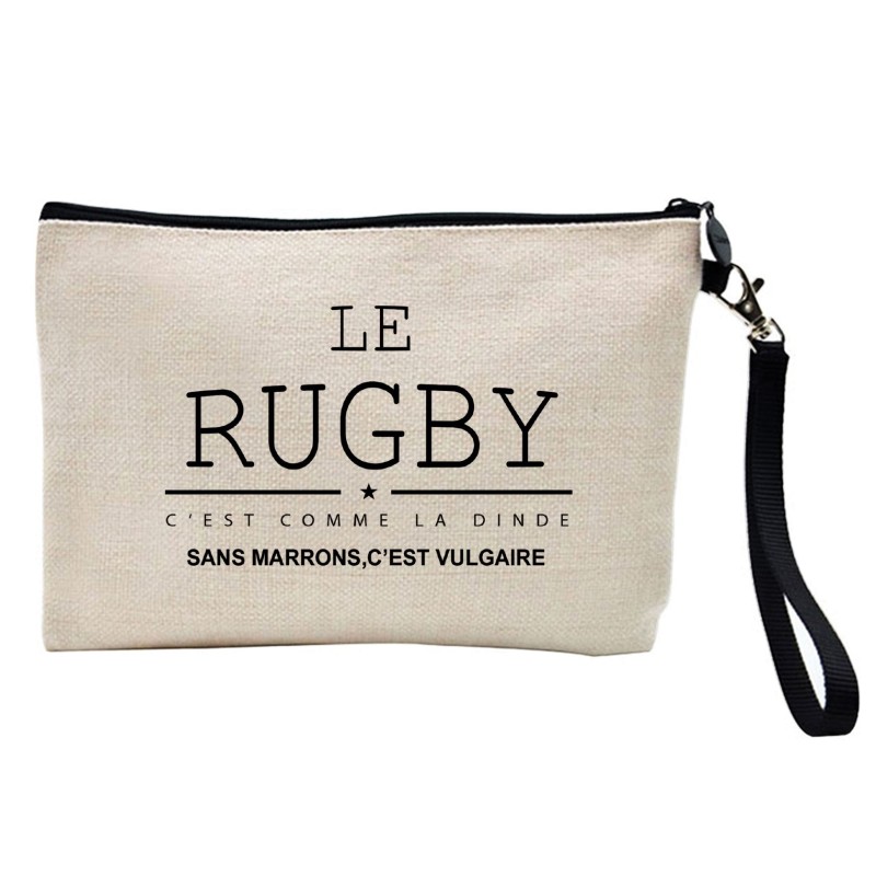 Pochette Trousse à crayons et maquillage lin imprimé citation illustration Le rugby c'est comme la dinde sans marron c'est vulga
