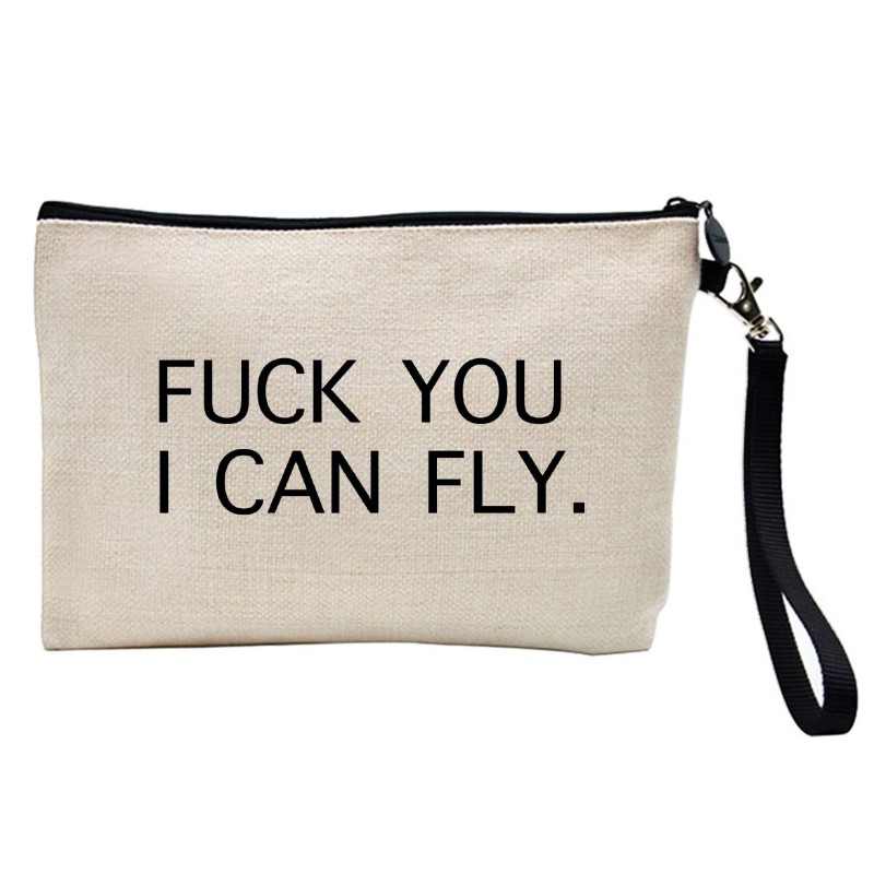 Pochette Trousse à crayons et maquillage lin imprimé citation illustration citation Fuck you a can fly