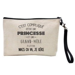 Pochette Trousse à crayons et maquillage lin imprimé citation illustration C'est compliqué d'Etre une princesse et une grand mèr