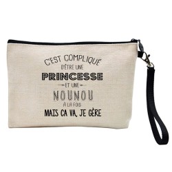 Pochette Trousse à crayons et maquillage lin imprimé citation illustration C'est compliqué d'Etre une princesse et une nounou