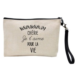 Pochette Trousse à crayons et maquillage lin imprimé citation illustration Maman chérie je t'aime pour la vie