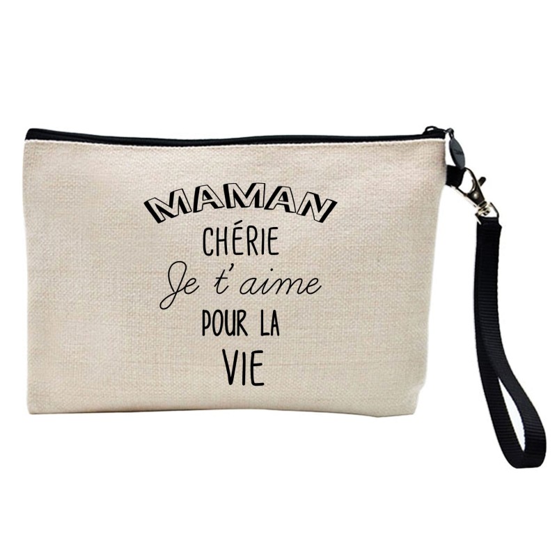 Pochette Trousse à crayons et maquillage lin imprimé citation illustration Maman chérie je t'aime pour la vie