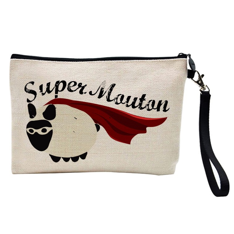 Pochette Trousse à crayons et maquillage lin imprimé citation illustration Super mouton