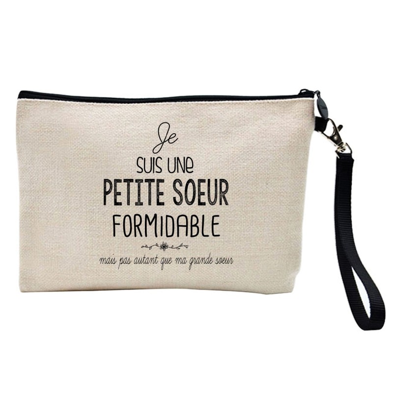 Pochette Trousse à crayons et maquillage lin imprimé citation illustration Je suis une petite soeur formidable mais pas autant