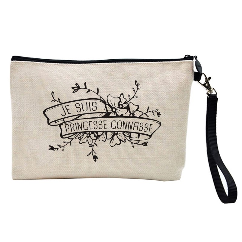 Pochette Trousse à crayons et maquillage lin imprimé citation illustration Je suis une princesse connasse