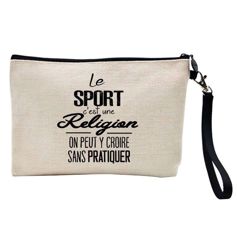 Pochette Trousse à crayons et maquillage lin imprimé citation illustration humour Le sport c'est une religion