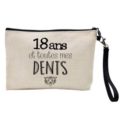 Pochette Trousse à crayons et maquillage lin imprimé citation illustration Anniversaire 18 ans et toutes mes dents