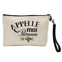Pochette Trousse à crayons et maquillage lin imprimé citation illustration Appelle moi Patronne ca suffira