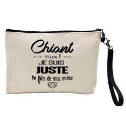 Pochette Trousse à crayons et maquillage lin imprimé citation illustration Chiant moi je suis juste le fils de ma mère