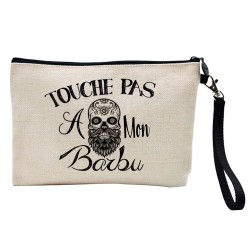 Pochette Trousse à crayons et maquillage lin imprimé citation illustration Touche pas a mon barbu