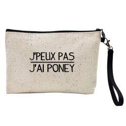 Pochette Trousse à crayons et maquillage lin imprimé citation illustration J peux pas j'ai poney