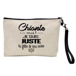 Pochette Trousse à crayons et maquillage lin imprimé citation illustration Chiante moi juste la fille de ma mère