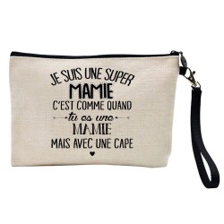 Pochette Trousse à crayons et maquillage lin imprimé citation illustration Je suis une super mamie avec une cape