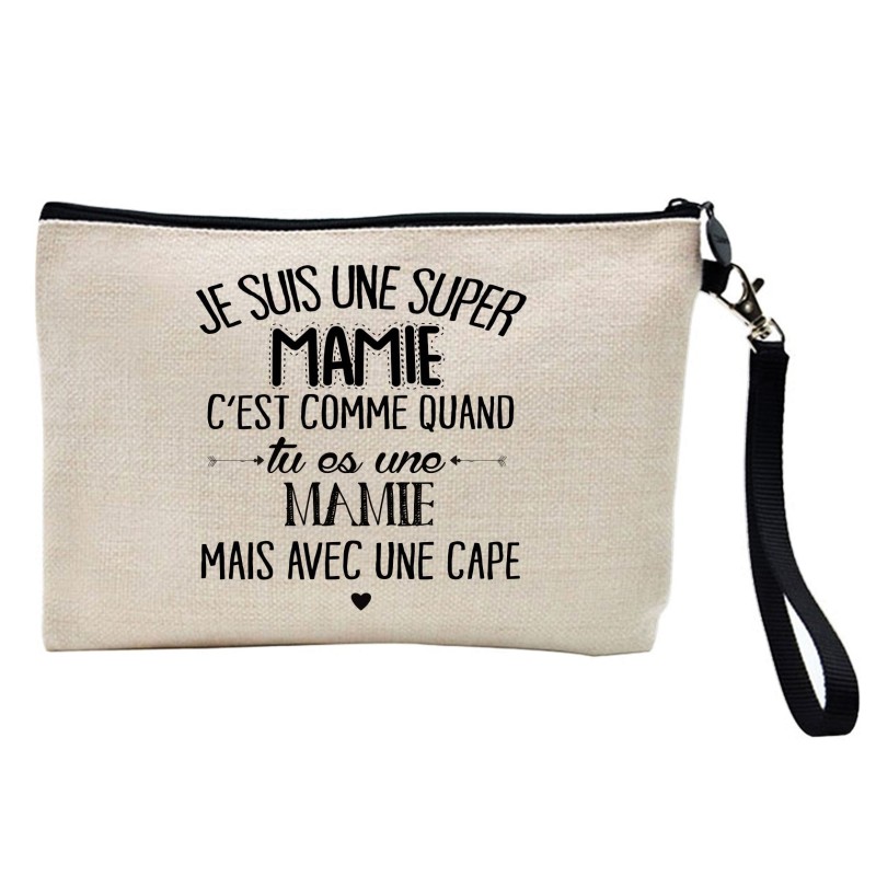 Pochette Trousse à crayons et maquillage lin imprimé citation illustration Je suis une super mamie avec une cape