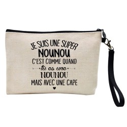 Pochette Trousse à crayons et maquillage lin imprimé citation illustration Je suis une super nounou avec une cape