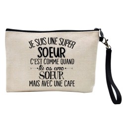 Pochette Trousse à crayons et maquillage lin imprimé citation illustration Je suis un super soeur avec une cape