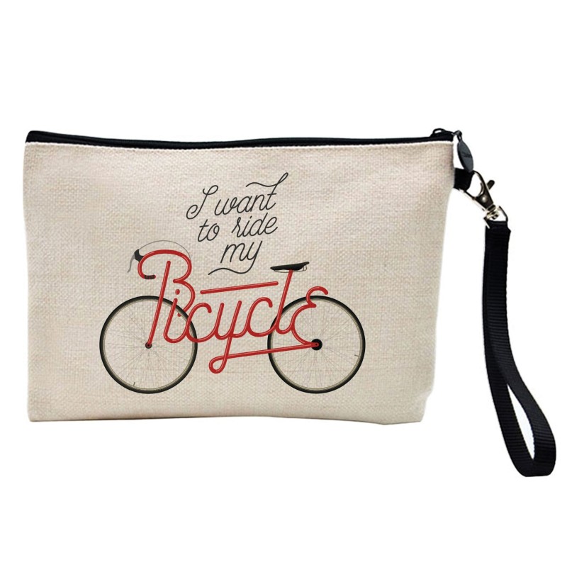 Pochette Trousse à crayons et maquillage lin imprimé citation illustration vélo cyslisme