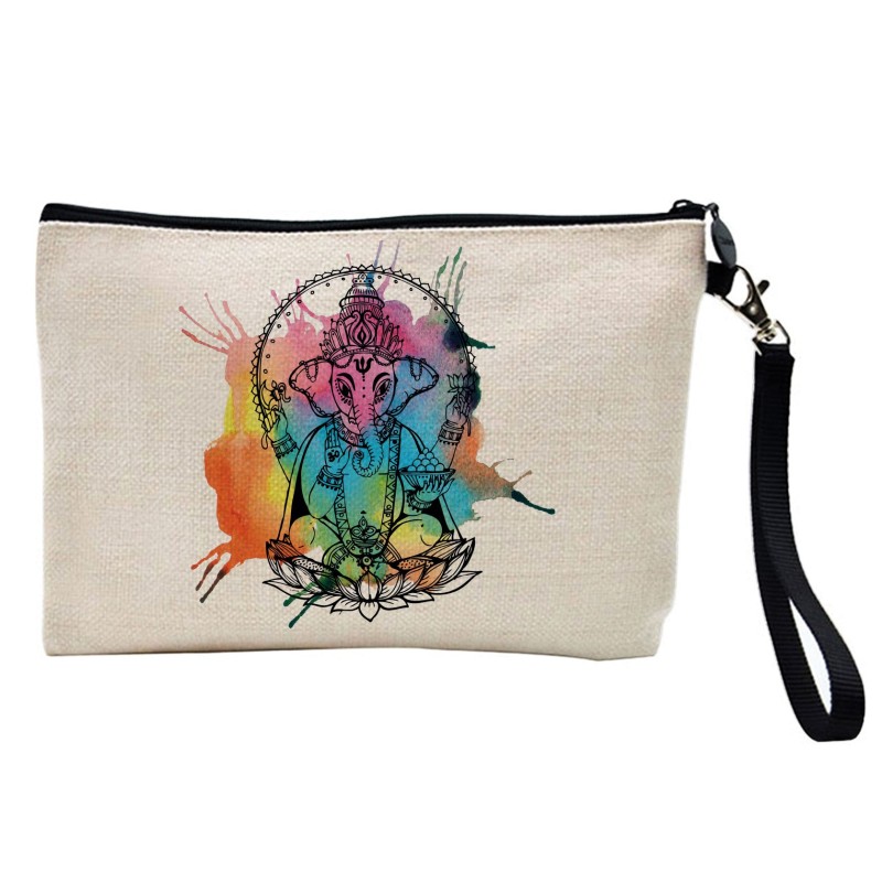 Pochette Trousse à crayons et maquillage lin imprimé citation illustration zen elephant sacré inde