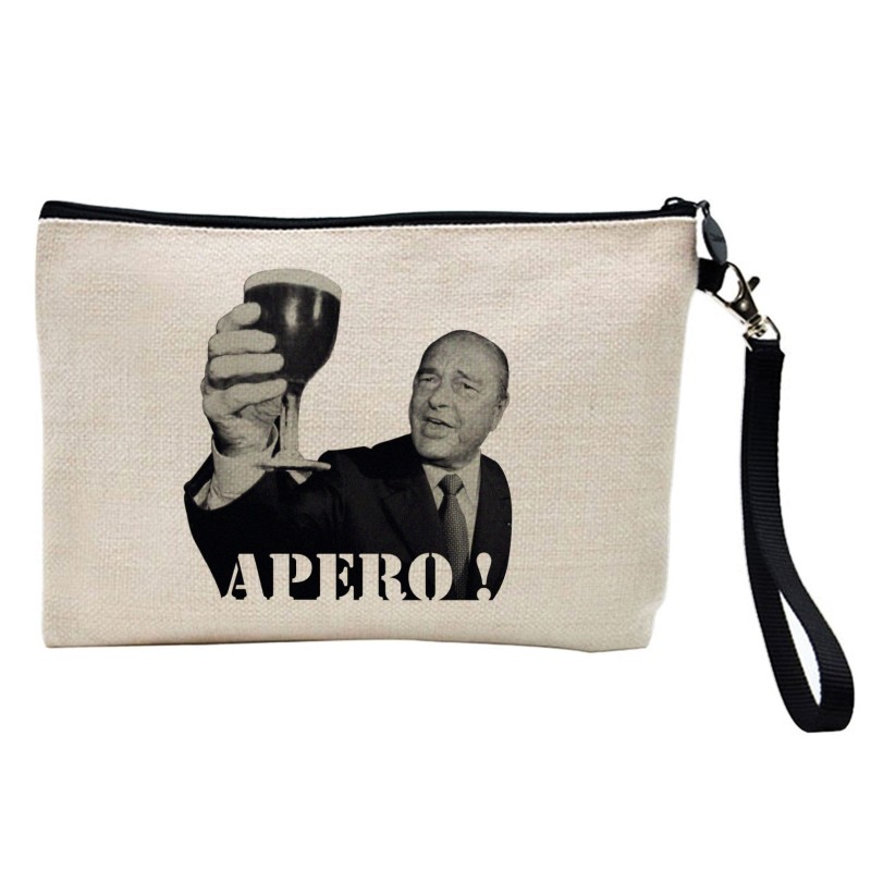 Pochette Trousse à crayons et maquillage lin imprimé citation Jacques chirac apéro