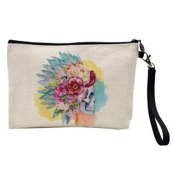Pochette Trousse à crayons et maquillage lin imprimé citation bohème tête de mort indien