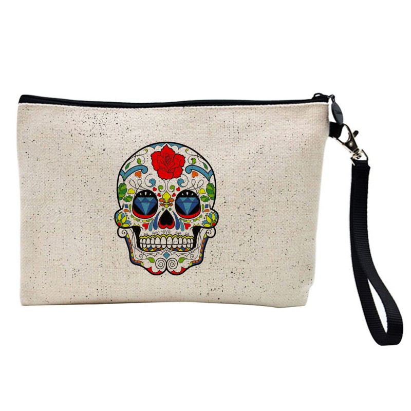 Pochette Trousse à crayons et maquillage lin imprimé citation tête de mort mexicaine