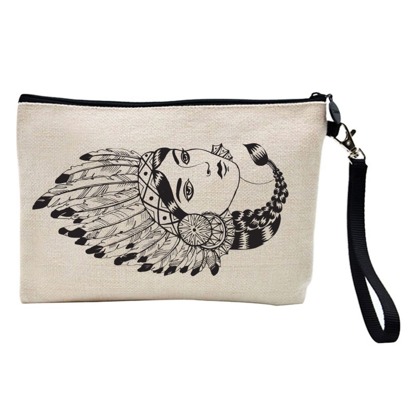 Pochette Trousse à crayons et maquillage lin imprimé citation indien