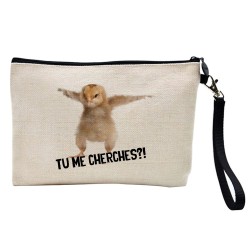 Pochette Trousse à crayons et maquillage lin imprimé citation poussin tu me cherches