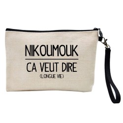 Pochette Trousse à crayons et maquillage lin imprimé citation Nikoumouk ca veut dire longue vie